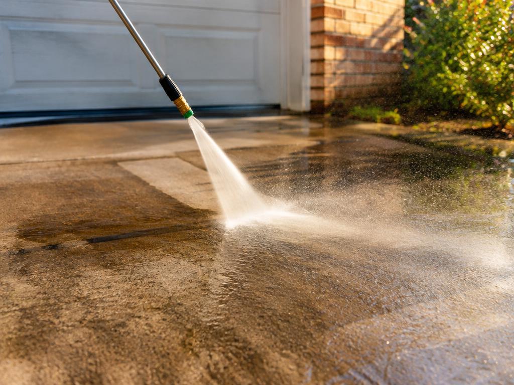 Pressure washer wand cutting a clean stripe through a grimy concrete driveway